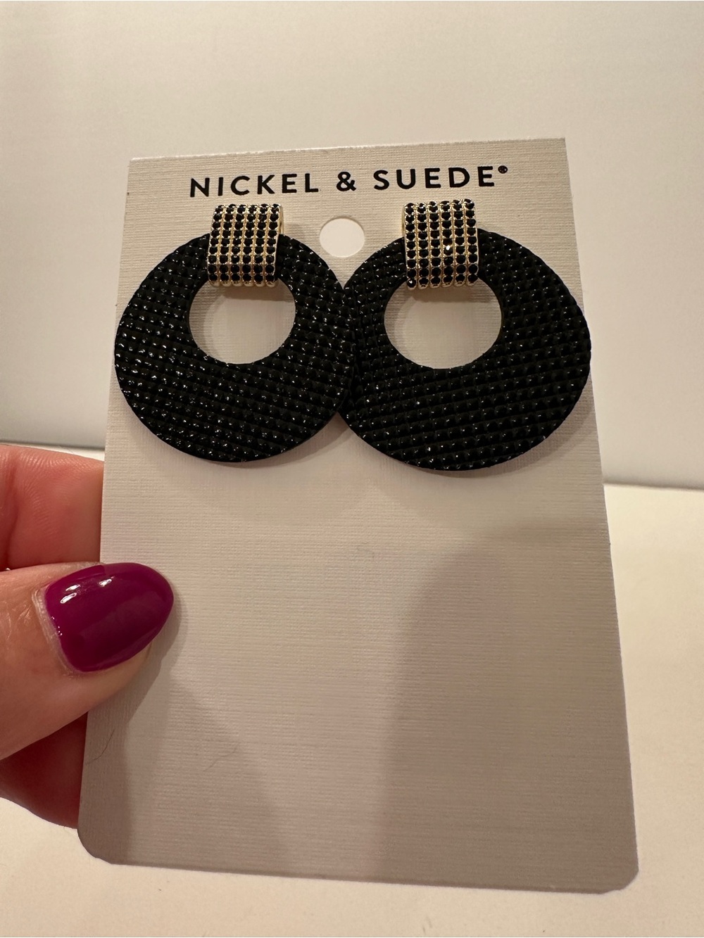Nickel & Suede Afterglow Evan Black Leather Drop Earrings with Gold Accents